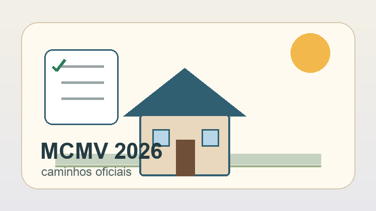 Ilustração original de casa, checklist e alerta para guia do Minha Casa Minha Vida
