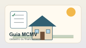 Ilustração original de família e casa com caminhos oficiais do Minha Casa Minha Vida