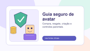 Ilustração original de escudo, avatar em blocos e moedas genéricas para guia de avatar e Robux com fontes oficiais