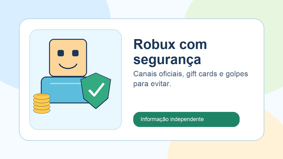 Ilustração original de avatar em blocos, moedas genéricas e escudo para guia seguro sobre Robux no Roblox